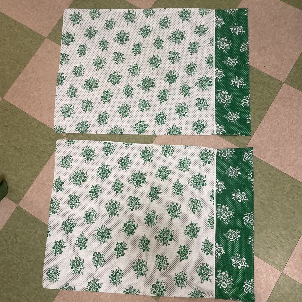 Vtg Burlington House 1970’s King Pillowcase 2 Kelly Green White Floral Polkadot